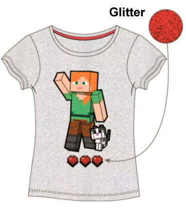 Minecraft grå t-shirt til piger med glitter (4-8 år)