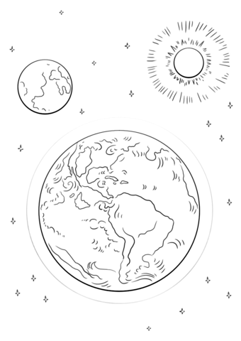Jord, måne og sol tegning - farvelægning