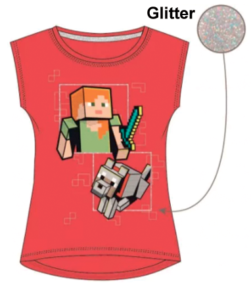 Minecraft rød t-shirt til piger med glitter (4-8 år)