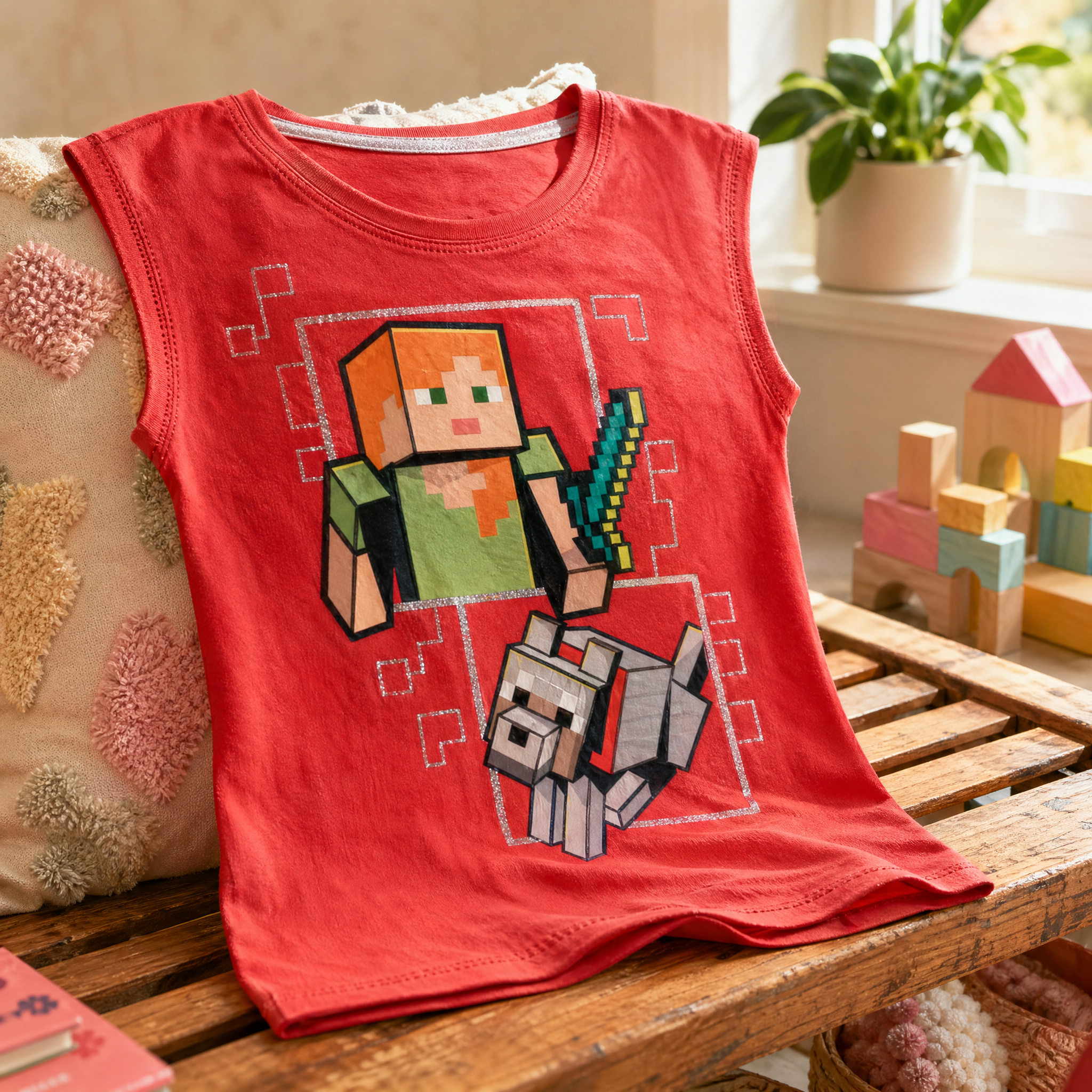 Minecraft rød t-shirt til piger med glitter (4-8 år)