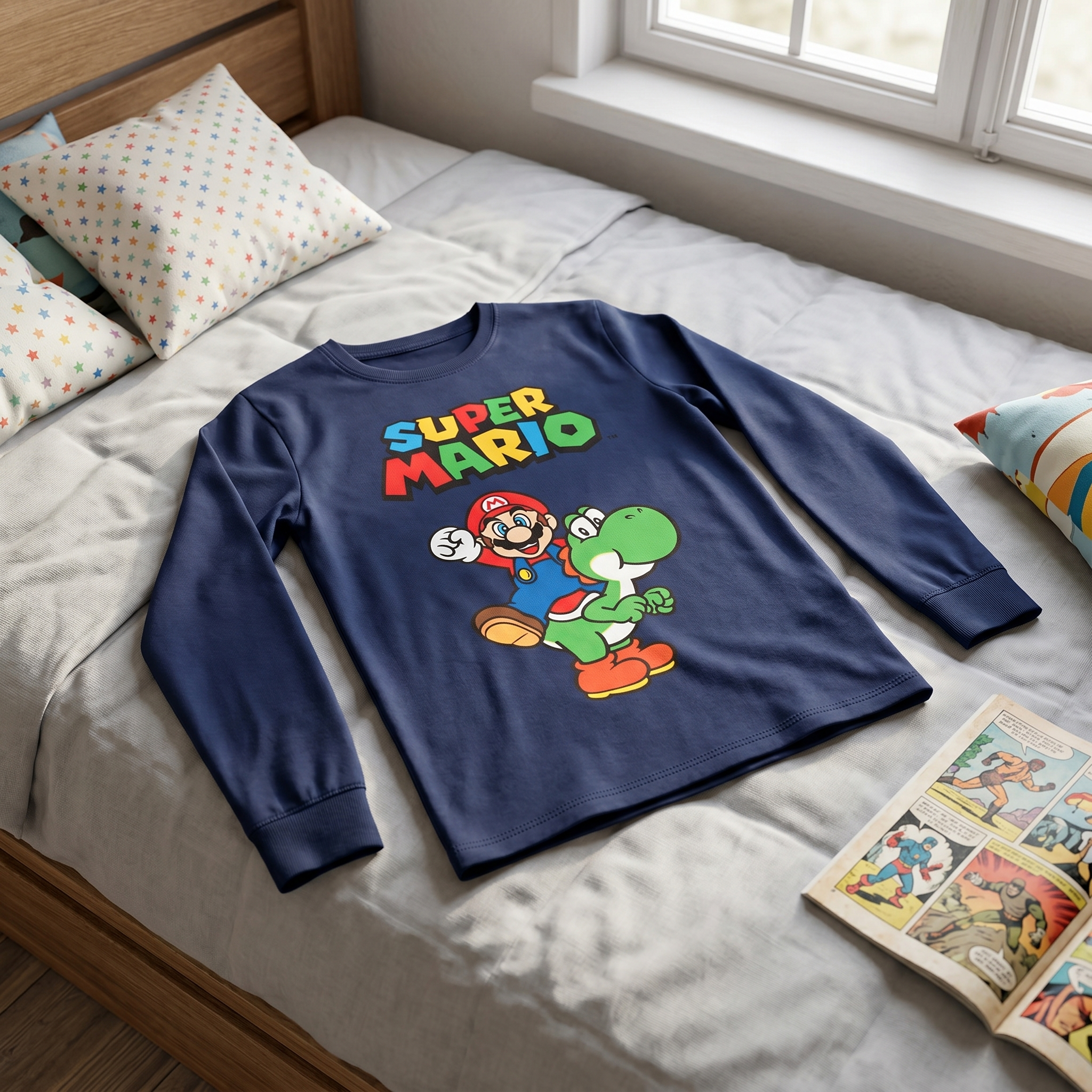 Super Mario blå langærmet t-shirt (4-10år)
