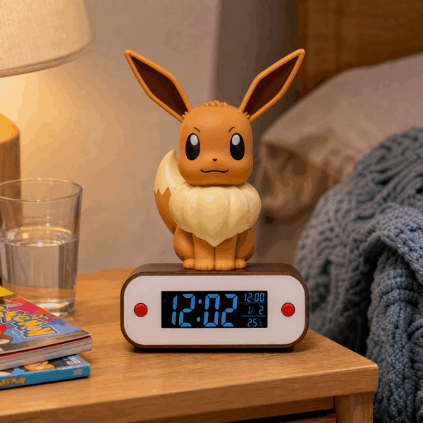 Digitalt vækkeur med Eevee-figur på et sengebord