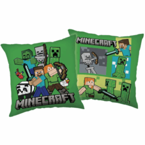 Grøn Minecraft pude vist fra begge sider med forskellige figurer