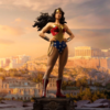 Wonder Woman statue med bylandskab i baggrunden