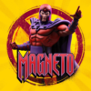 Magneto statue i reklamegrafik med teksten Magneto