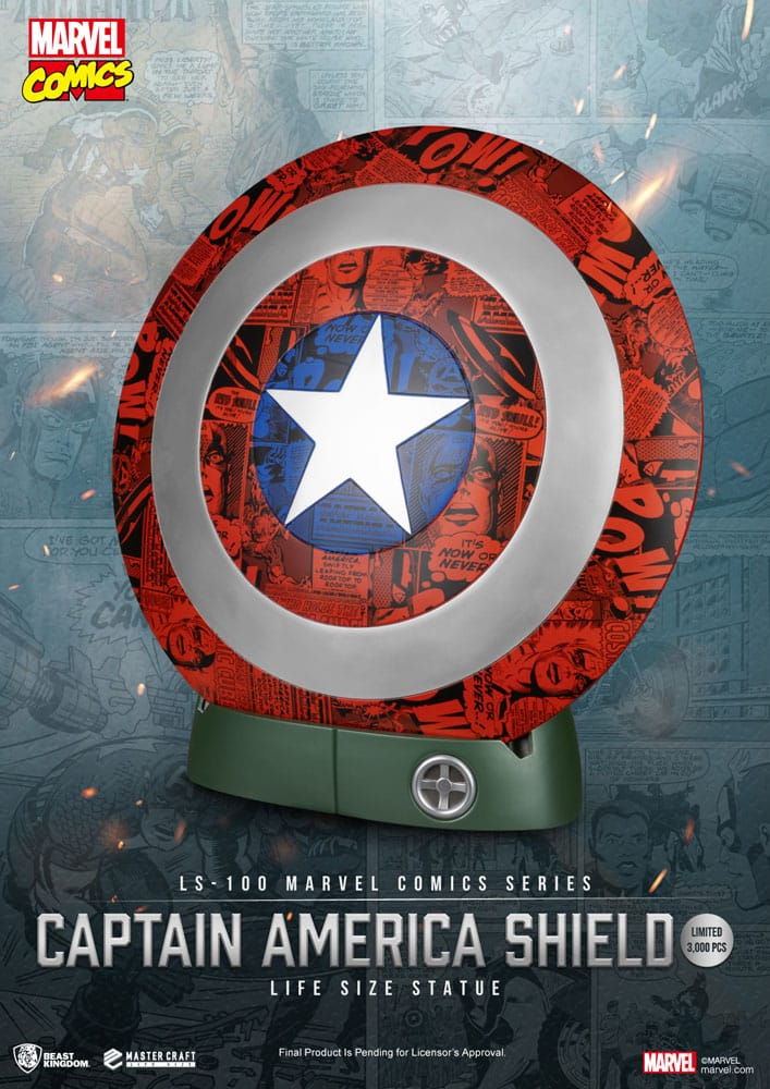 Captain America skjoldstatue fra en let skrå vinkel