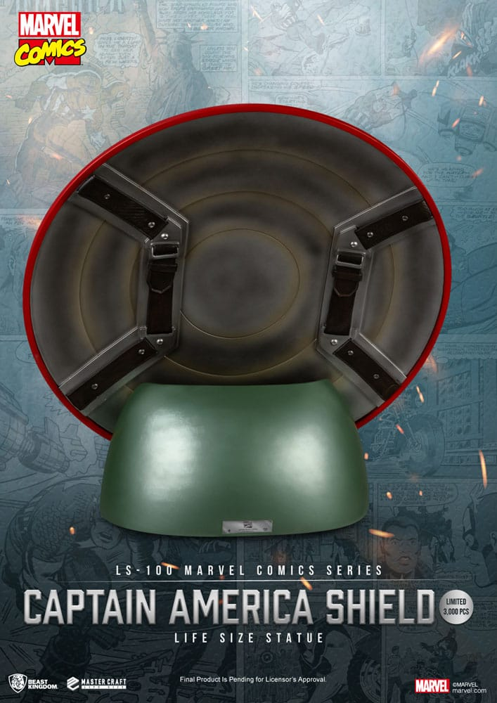 Bagsiden af Captain America skjoldstatue med remme