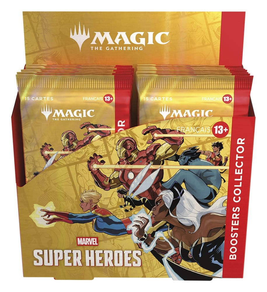 Magic: The Gathering Marvel Super Heroes Collector Booster display forfra med boosterpakker