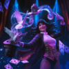 Zatanna statue med duer og violette detaljer