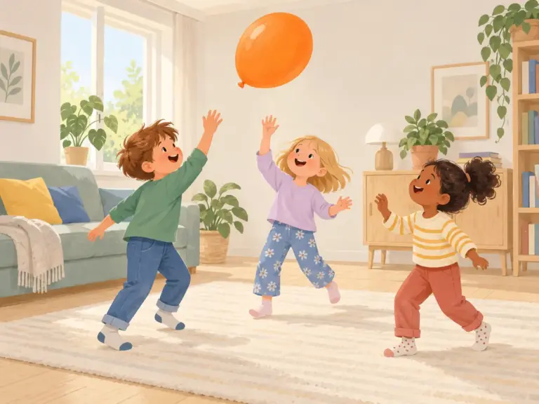 Tegning af tre børn i en stue, der griner og holder en ballon i luften