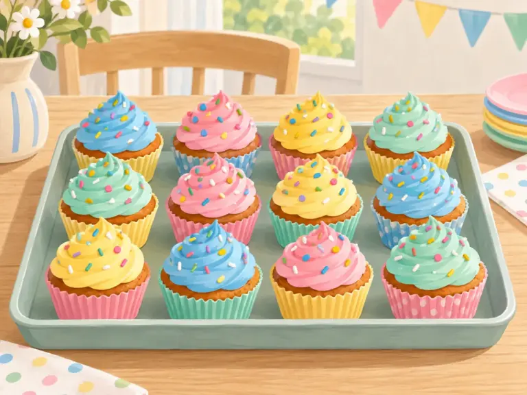 Illustration af en bakke med farverige muffins med glasur og strøssel