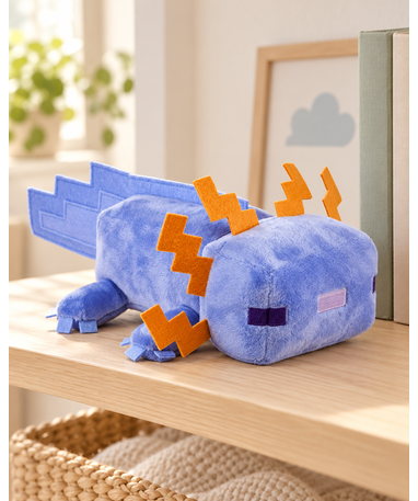 Minecraft blå Axolotl bamse, 20 cm i et børneværelse