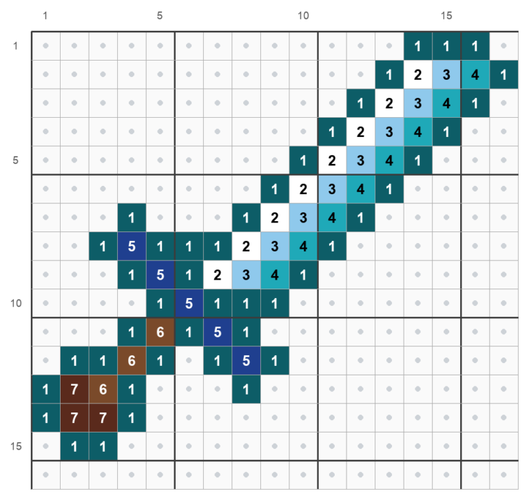 Perlemønster til et Minecraft-diamantsværd på skrå, 17 x 16 felter