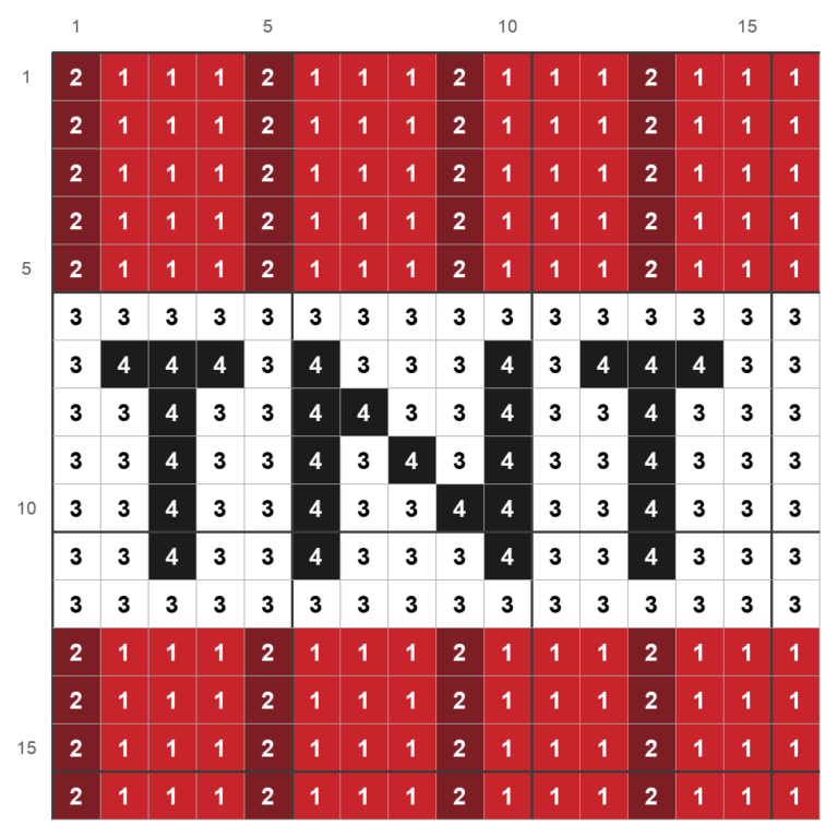 Perlemønster til en Minecraft TNT-blok på 16 x 16 perler med bogstaverne TNT