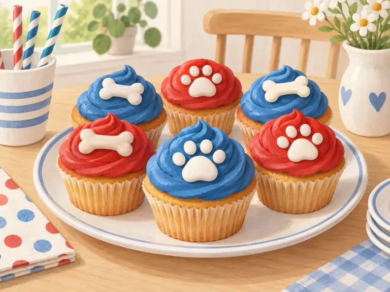Illustration af muffins med blå og rød creme og små poter og knogler i fondant