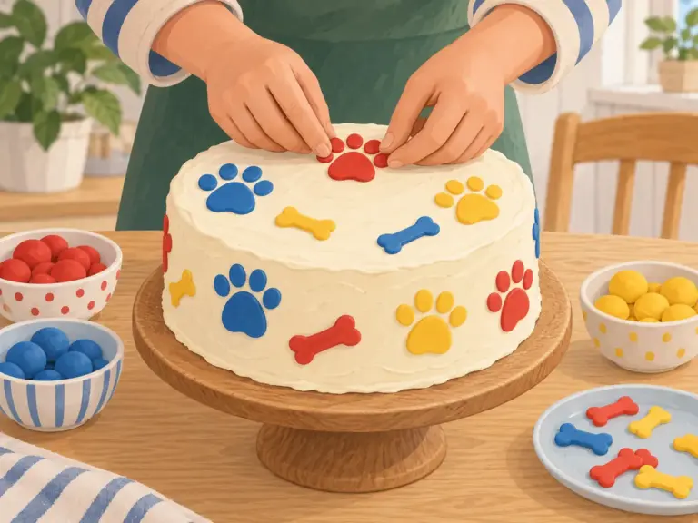 Illustration af hænder, der lægger poter og knogler i fondant på en hvid kage