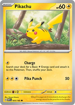 Ægte Pikachu-kort med fem numre: 1 ved navnet øverst til venstre, 2 ved HP 60 øverst til højre, 3 ved typesymbolet, 4 ved sætkoden og 5 ved kortnummeret 025/165 nederst til venstre