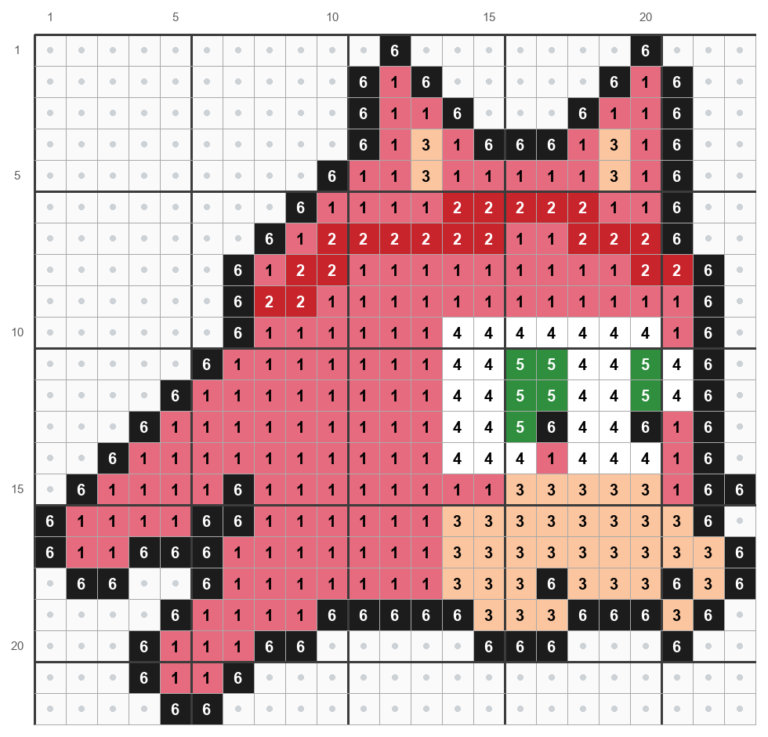 Mønster til Amy Rose, 23 x 22 perler, med numre for lys rød, rød, lys fersken, hvid, grøn og sort