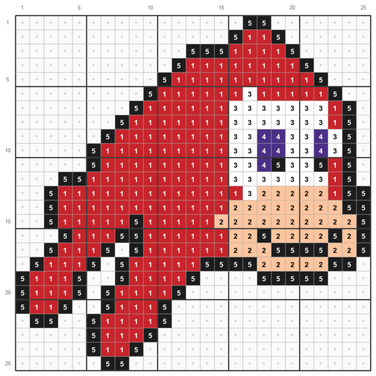 Mønster til Knuckles, 25 x 25 perler, med numre for rød, lys fersken, hvid, lilla og sort