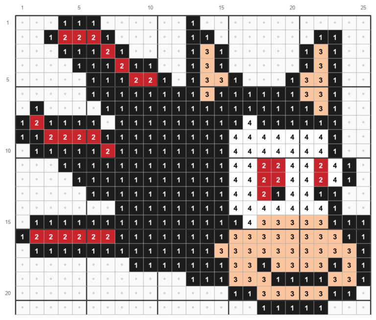 Mønster til Shadow, 25 x 21 perler, med numre for sort, rød, lys fersken og hvid