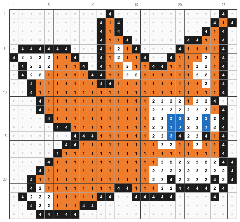 Mønster til Tails, 26 x 24 perler, med numre for orange, hvid, lys blå og sort