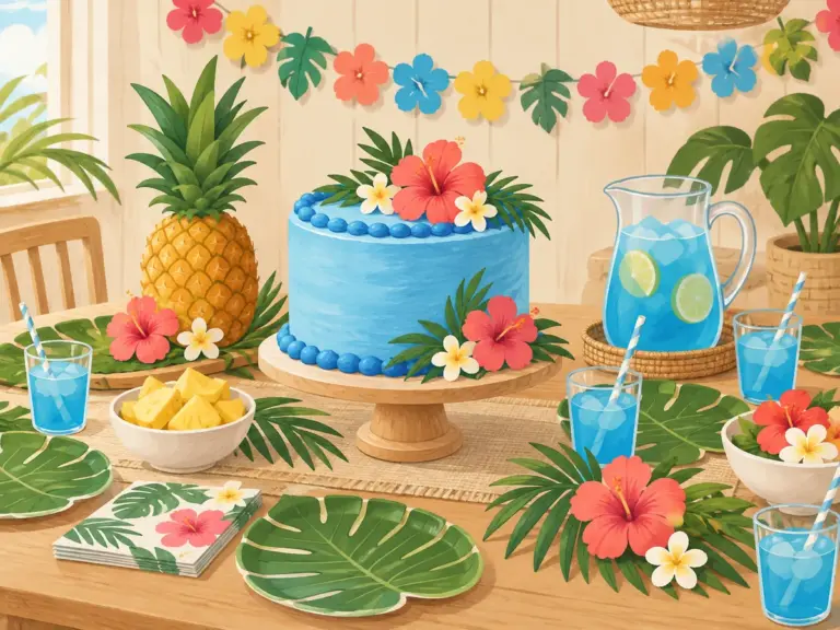Illustration af et festbord med blå kage, ananas, tropiske blomster, blade som tallerkner og blå drikke