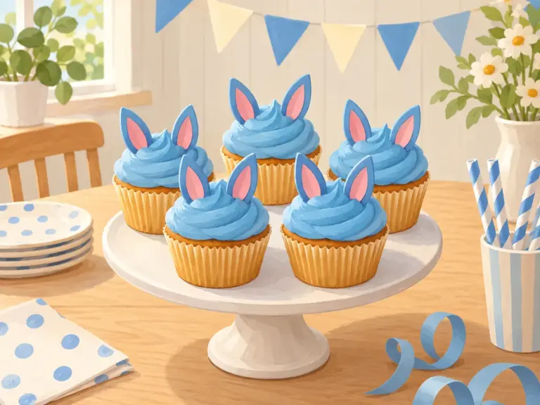 Illustration af muffins med blå creme og to små spidse ører i fondant på hver