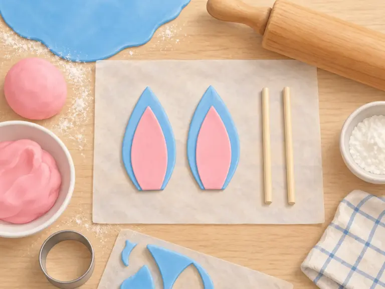 Illustration af blå og lyserød fondant, en kagerulle og to store spidse ører i fondant, der tørrer på bagepapir