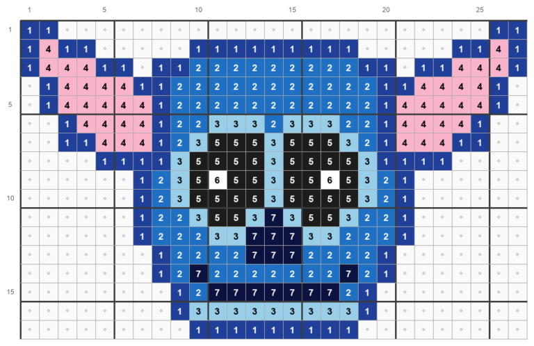 Perlemønster til en stor Stitch på 27 x 17 perler med lyse felter om øjnene
