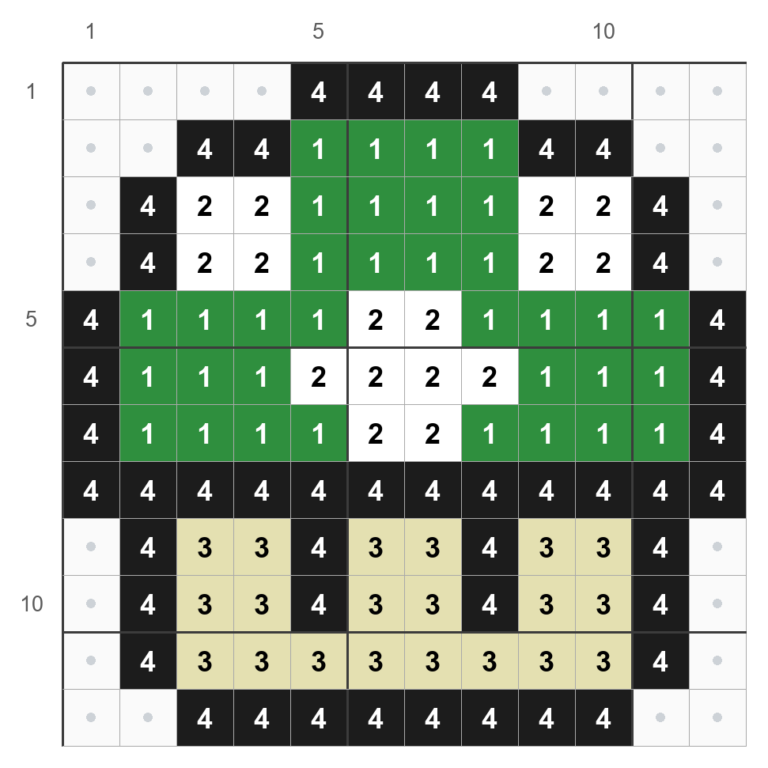 Mønster til 1-Up svampen, 12 x 12 perler, med numre for grøn, hvid, creme og sort