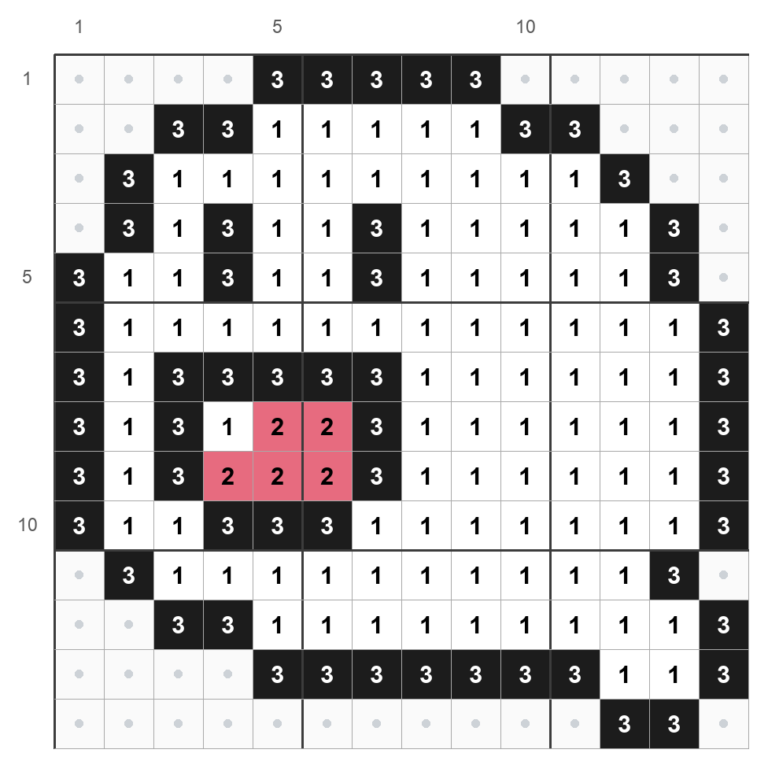 Mønster til Boo, 14 x 14 perler, med numre for hvid, lys rød og sort