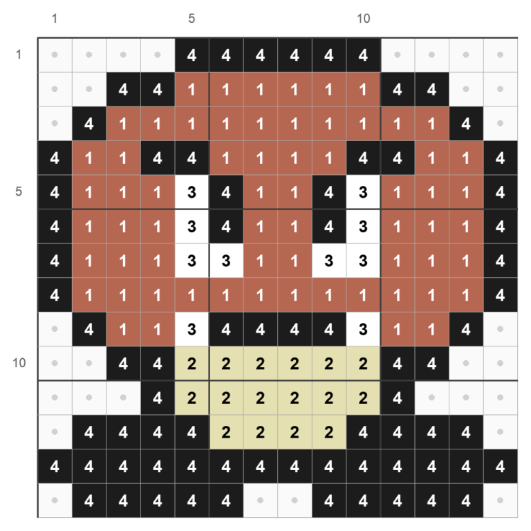 Mønster til Goomba, 14 x 14 perler, med numre for lys brun, creme, hvid og sort