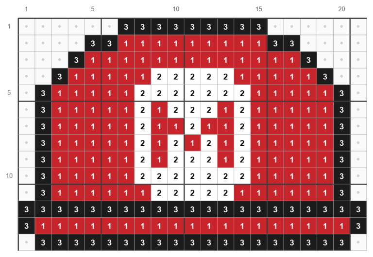 Mønster til Marios kasket, 21 x 14 perler, med numre for rød, hvid og sort