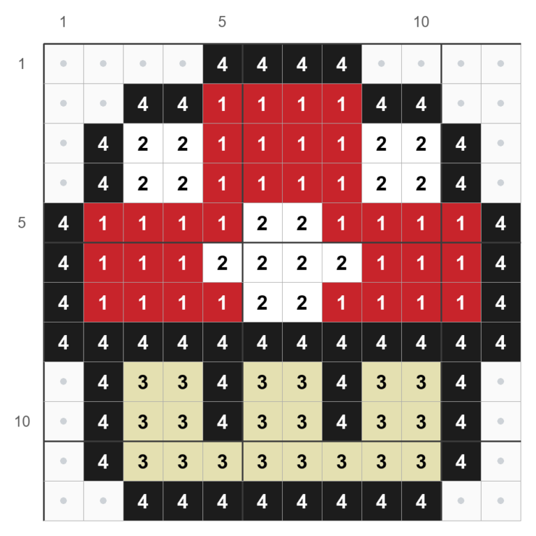 Mønster til Supersvampen, 12 x 12 perler, med numre for rød, hvid, creme og sort